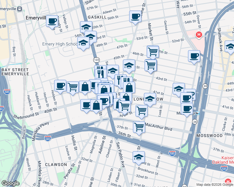 map of restaurants, bars, coffee shops, grocery stores, and more near Adeline St & 40th St in Oakland