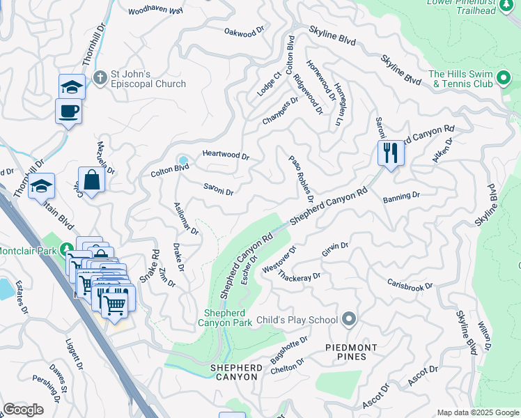 map of restaurants, bars, coffee shops, grocery stores, and more near 3 West Circle in Oakland