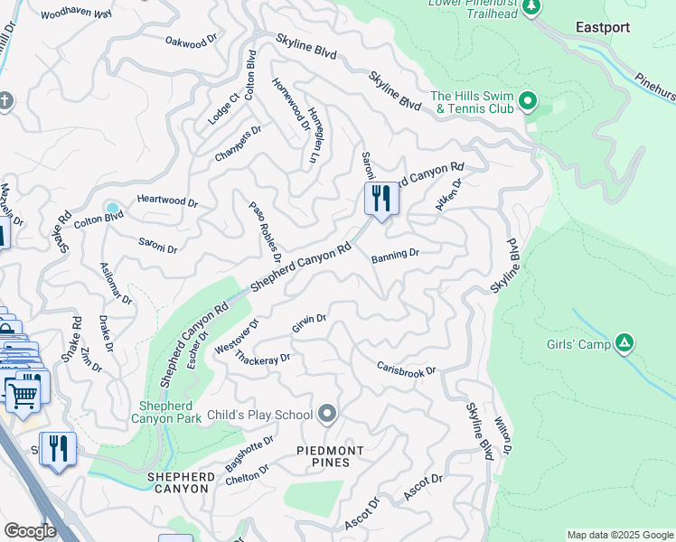 map of restaurants, bars, coffee shops, grocery stores, and more near 6389 Westover Drive in Oakland
