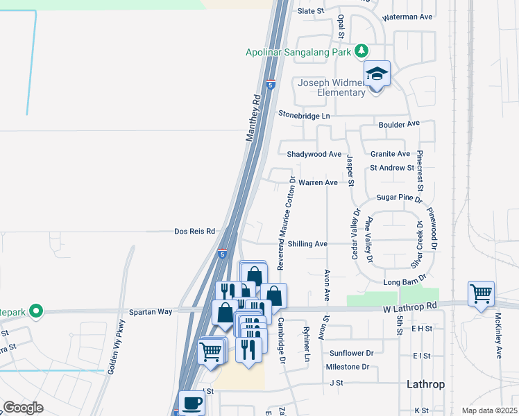 map of restaurants, bars, coffee shops, grocery stores, and more near 14150 S Harlan Rd in Lathrop