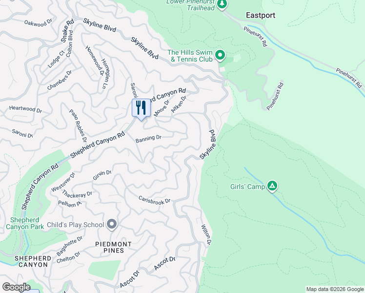 map of restaurants, bars, coffee shops, grocery stores, and more near 6680 Aitken Drive in Oakland