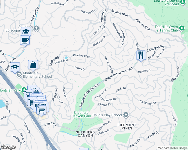 map of restaurants, bars, coffee shops, grocery stores, and more near 5942 Balboa Drive in Oakland