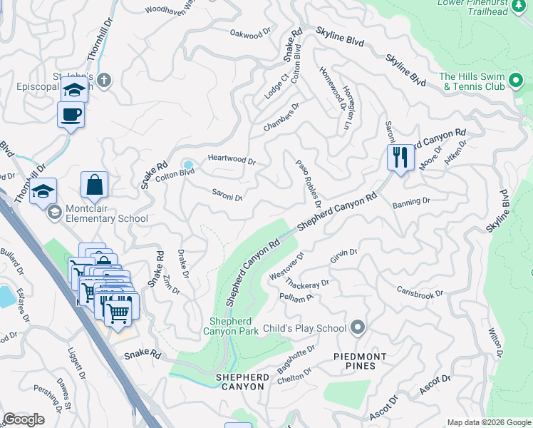 map of restaurants, bars, coffee shops, grocery stores, and more near 5942 Balboa Drive in Oakland