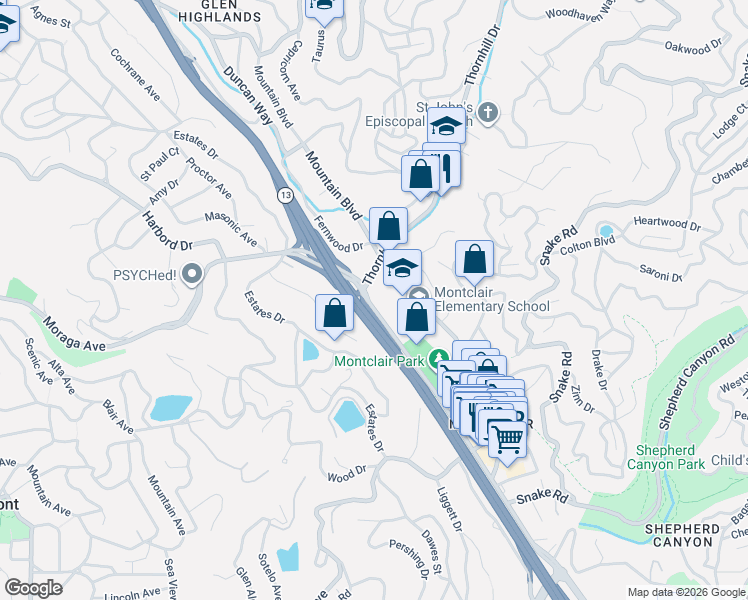 map of restaurants, bars, coffee shops, grocery stores, and more near in Oakland