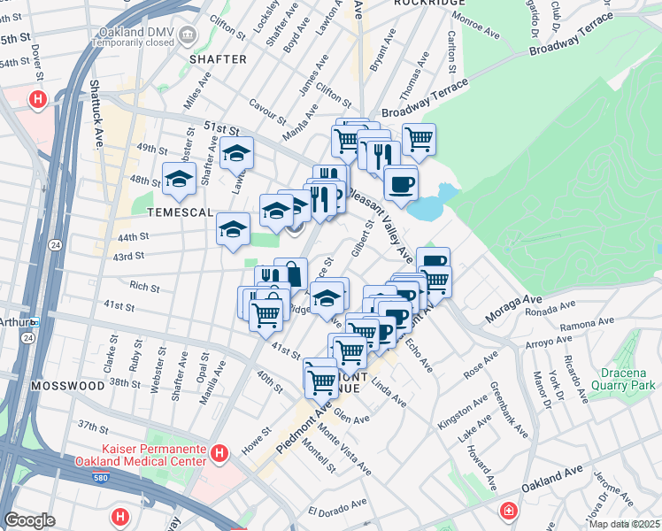 map of restaurants, bars, coffee shops, grocery stores, and more near 287 Mather Street in Oakland
