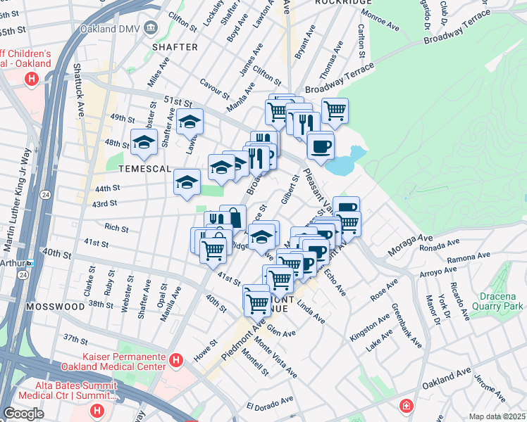 map of restaurants, bars, coffee shops, grocery stores, and more near 287 Mather Street in Oakland
