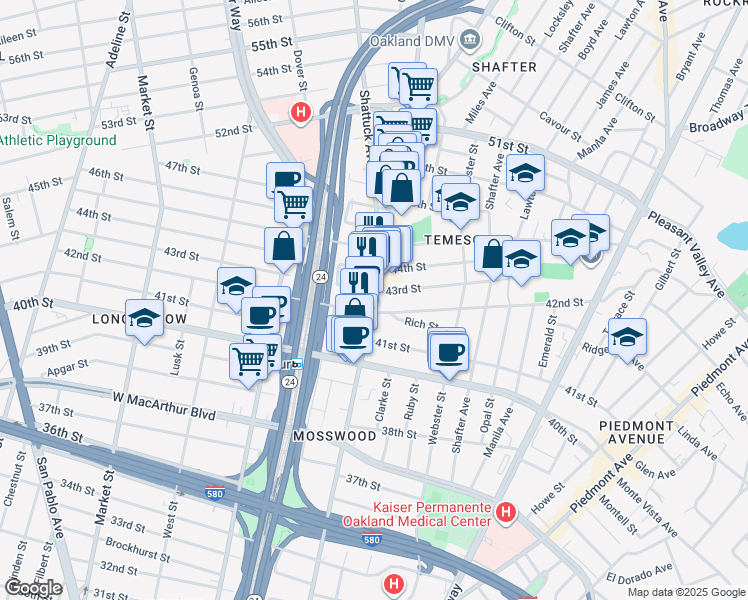 map of restaurants, bars, coffee shops, grocery stores, and more near in Oakland