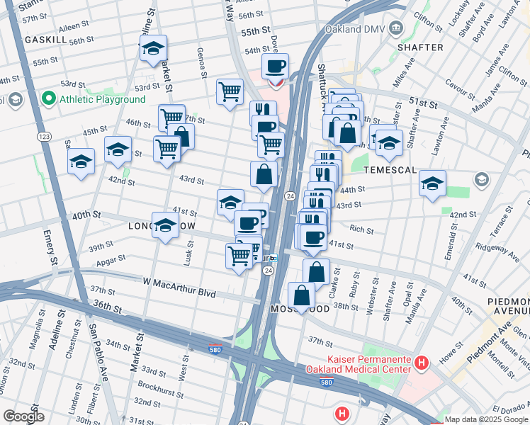 map of restaurants, bars, coffee shops, grocery stores, and more near in Oakland