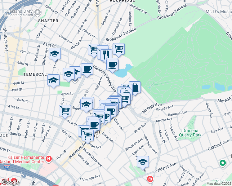 map of restaurants, bars, coffee shops, grocery stores, and more near 4398 Montgomery Street in Oakland