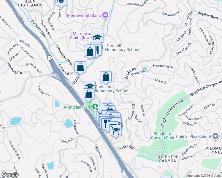 map of restaurants, bars, coffee shops, grocery stores, and more near 1806 Gaspar Drive in Oakland