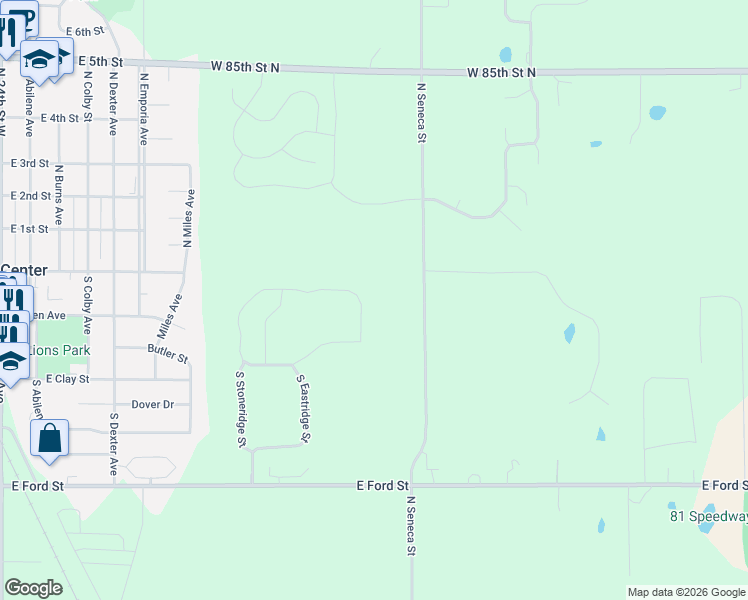 map of restaurants, bars, coffee shops, grocery stores, and more near 8005 North Seneca Street in Valley Center