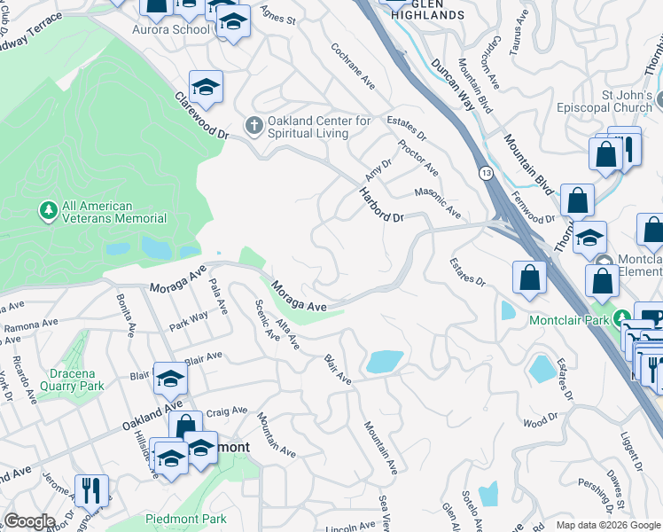map of restaurants, bars, coffee shops, grocery stores, and more near 110 Maxwelton Road in Piedmont