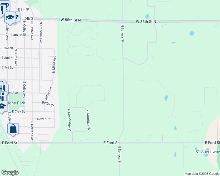 map of restaurants, bars, coffee shops, grocery stores, and more near 8005 North Seneca Street in Valley Center