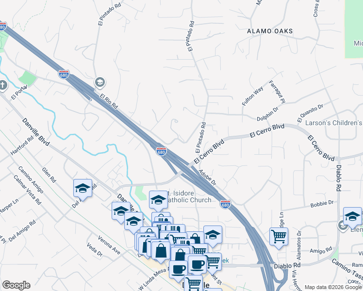 map of restaurants, bars, coffee shops, grocery stores, and more near 451 El Rio Road in Danville