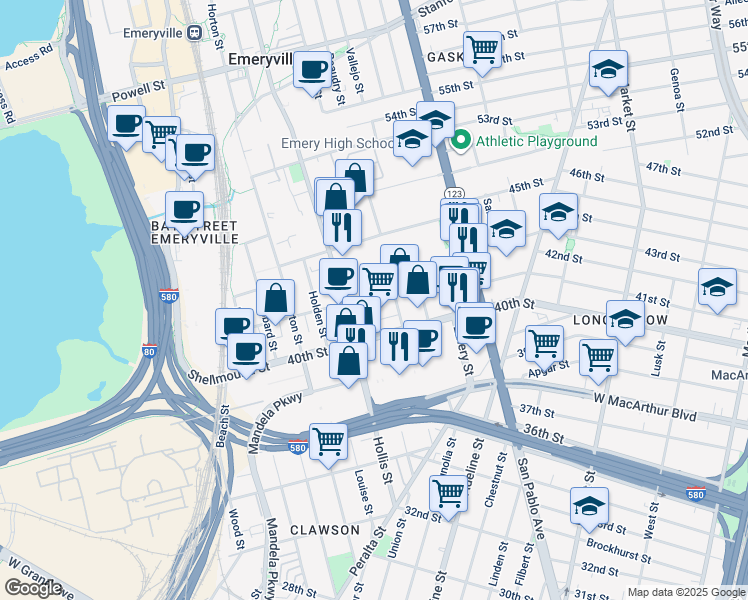 map of restaurants, bars, coffee shops, grocery stores, and more near 1259 Park Avenue in Emeryville