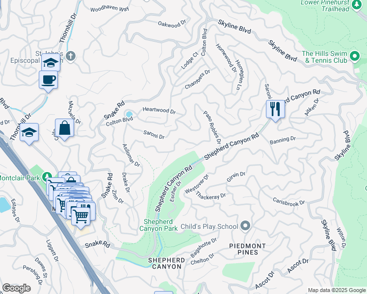 map of restaurants, bars, coffee shops, grocery stores, and more near 3 West Circle in Oakland