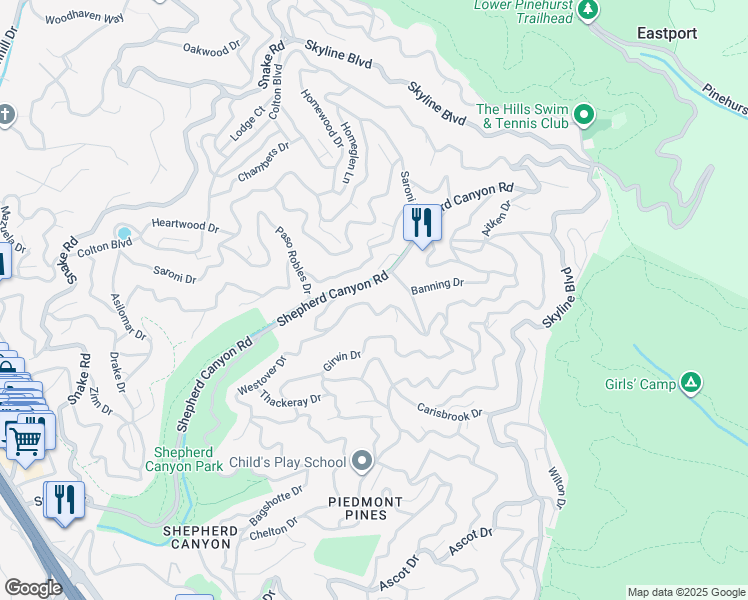 map of restaurants, bars, coffee shops, grocery stores, and more near 6389 Westover Drive in Oakland