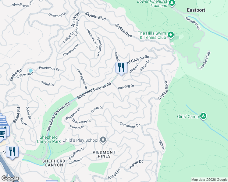 map of restaurants, bars, coffee shops, grocery stores, and more near 6427 Westover Drive in Oakland