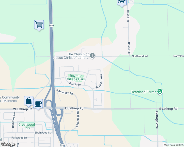 map of restaurants, bars, coffee shops, grocery stores, and more near 6123 Mohican Drive in Manteca
