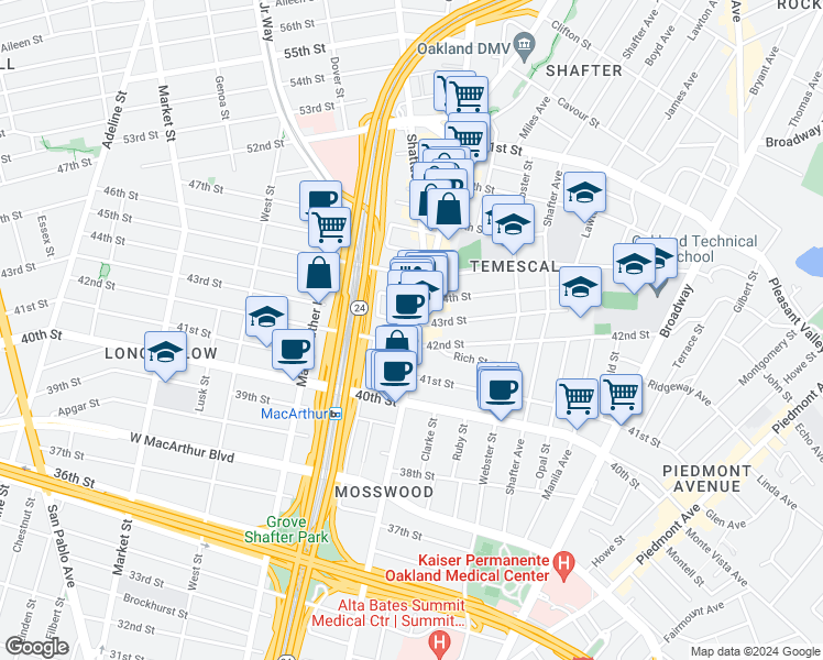 map of restaurants, bars, coffee shops, grocery stores, and more near 4235 Telegraph Avenue in Oakland