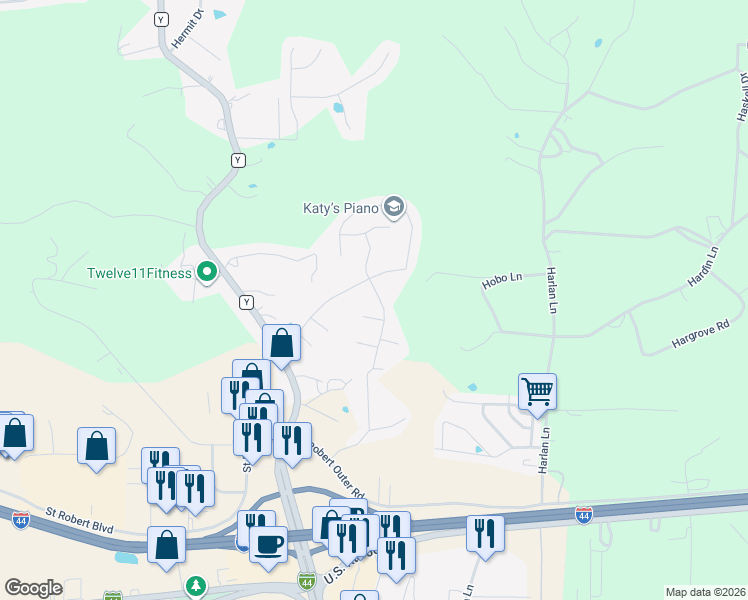 map of restaurants, bars, coffee shops, grocery stores, and more near 101 Sandstone Drive in Saint Robert