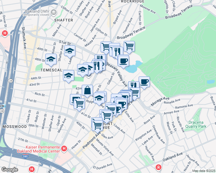 map of restaurants, bars, coffee shops, grocery stores, and more near 4312 Gilbert Street in Oakland