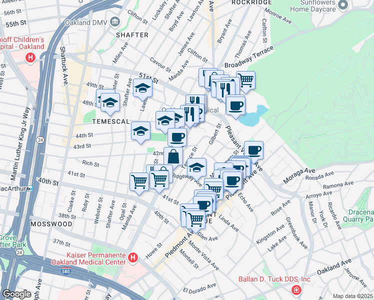 map of restaurants, bars, coffee shops, grocery stores, and more near 287 Mather Street in Oakland