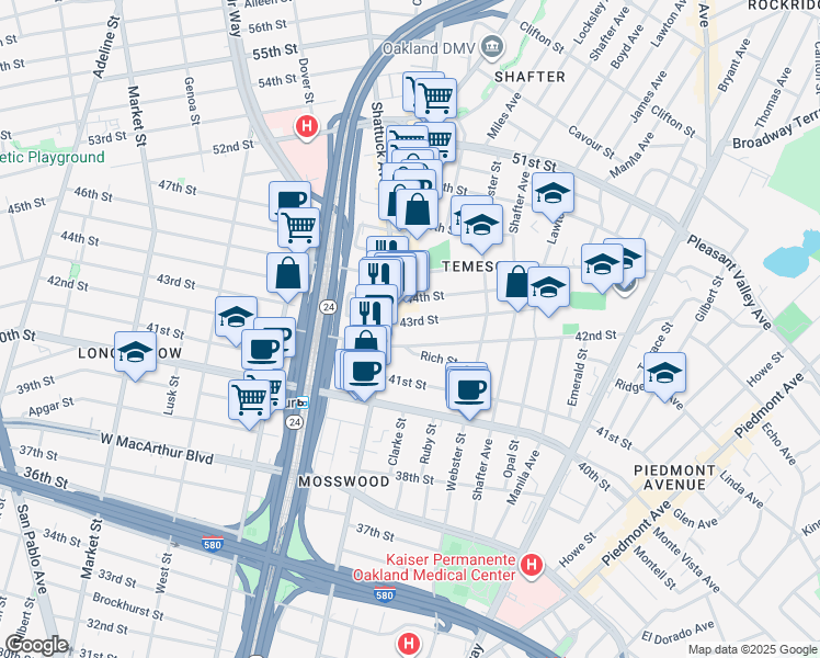 map of restaurants, bars, coffee shops, grocery stores, and more near in Oakland