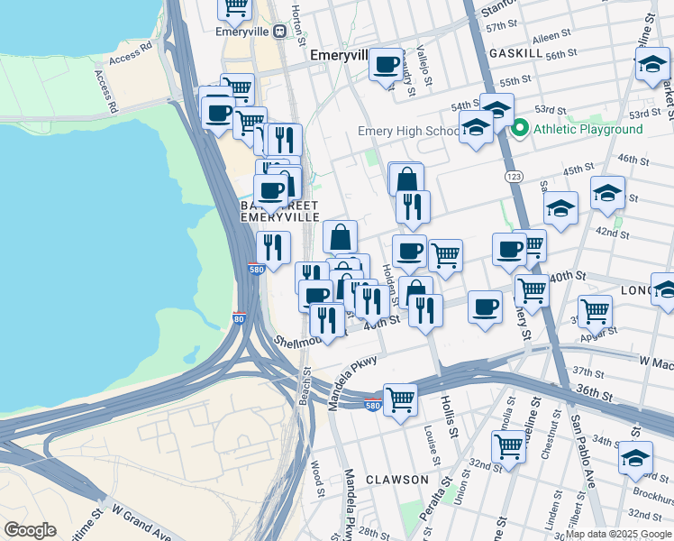 map of restaurants, bars, coffee shops, grocery stores, and more near 4230 Hubbard Street in Emeryville