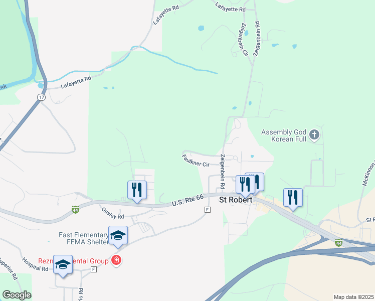 map of restaurants, bars, coffee shops, grocery stores, and more near 1-40 Faulkner Circle in Saint Robert