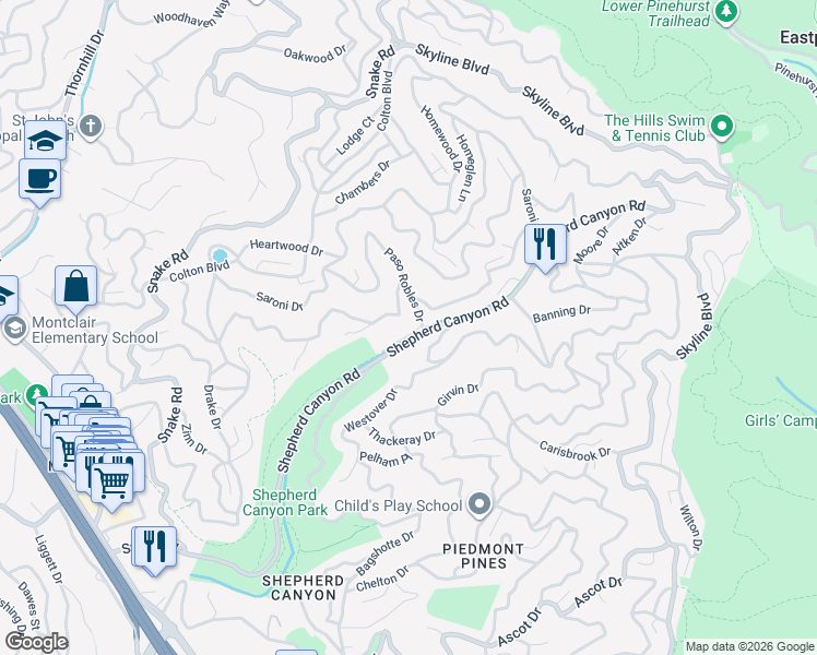map of restaurants, bars, coffee shops, grocery stores, and more near 6 Bishop Ct in Oakland