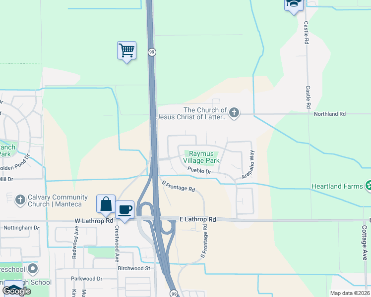 map of restaurants, bars, coffee shops, grocery stores, and more near 5784 Mohican Drive in Manteca