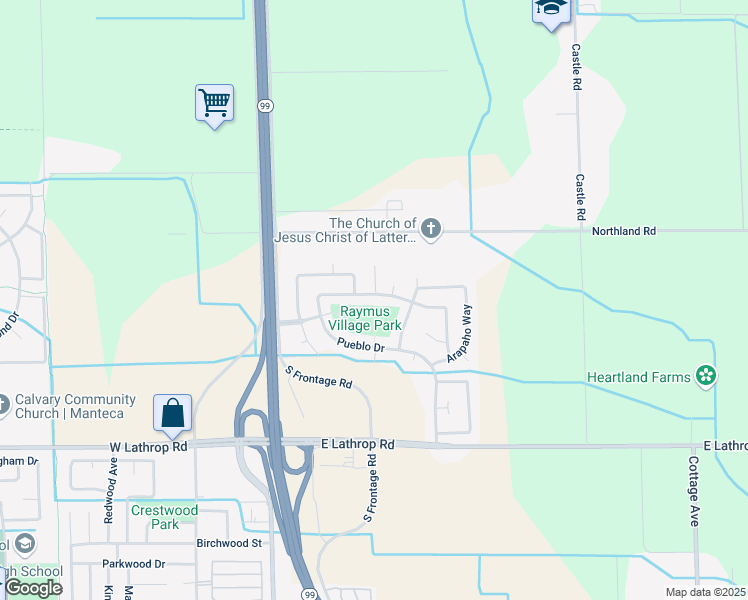 map of restaurants, bars, coffee shops, grocery stores, and more near 5910 Mohican Drive in Manteca