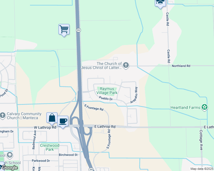 map of restaurants, bars, coffee shops, grocery stores, and more near 5910 Mohican Drive in Manteca