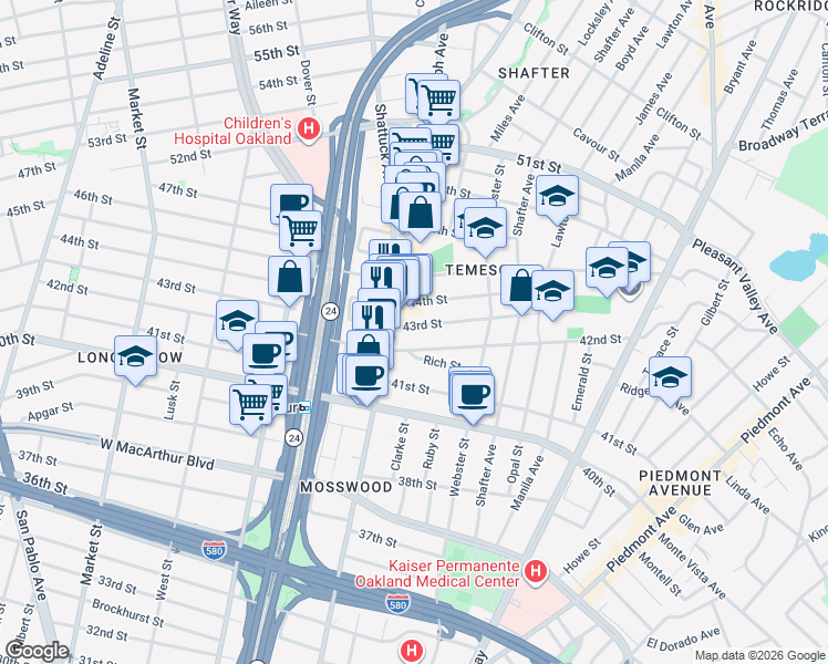 map of restaurants, bars, coffee shops, grocery stores, and more near 487 43rd Street in Oakland