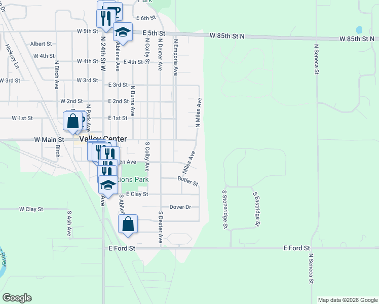 map of restaurants, bars, coffee shops, grocery stores, and more near 133 Miles Avenue in Valley Center