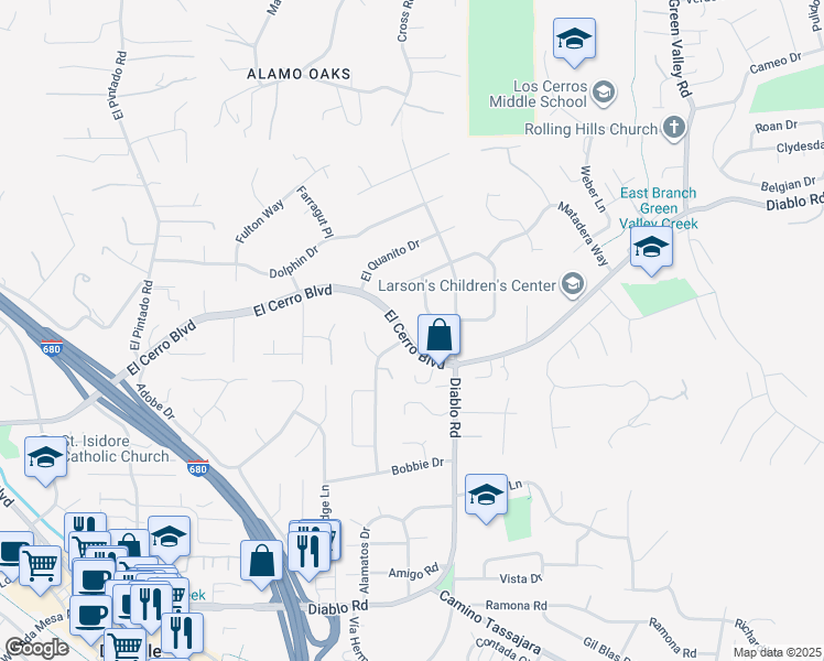map of restaurants, bars, coffee shops, grocery stores, and more near 873 El Cerro Boulevard in Danville