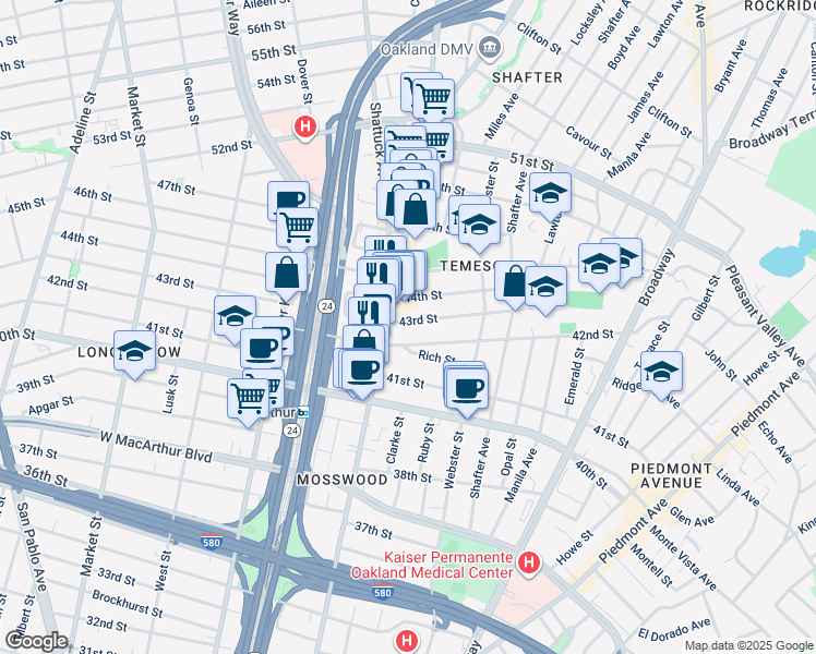 map of restaurants, bars, coffee shops, grocery stores, and more near 487 43rd Street in Oakland
