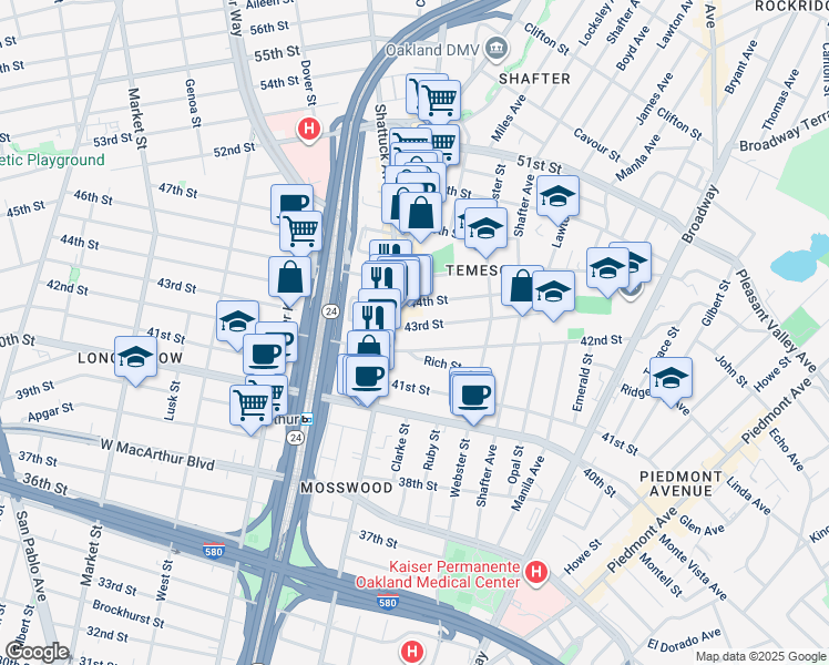 map of restaurants, bars, coffee shops, grocery stores, and more near in Oakland