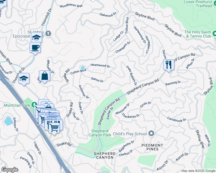 map of restaurants, bars, coffee shops, grocery stores, and more near 5915 Balboa Drive in Oakland