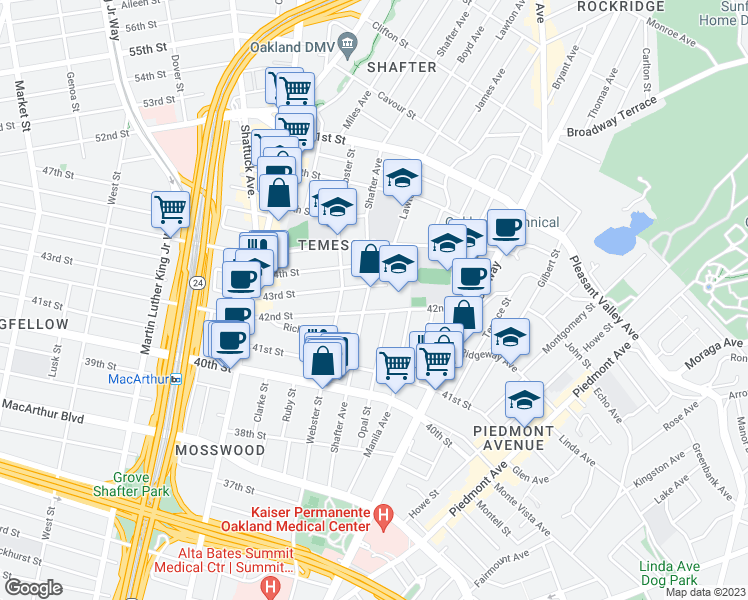 map of restaurants, bars, coffee shops, grocery stores, and more near 4222 Shafter Avenue in Oakland