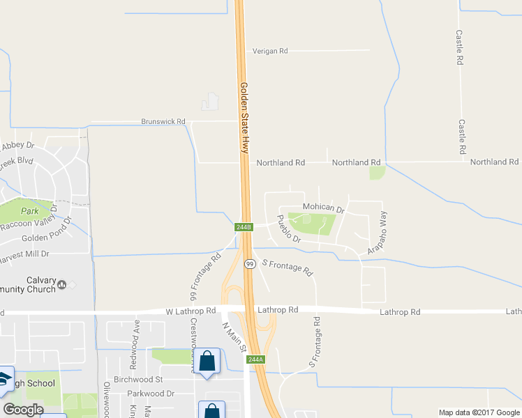 map of restaurants, bars, coffee shops, grocery stores, and more near 14475 Navajo Way in Manteca