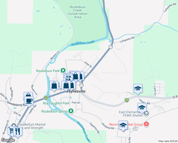 map of restaurants, bars, coffee shops, grocery stores, and more near 403 Missouri 17 in Waynesville