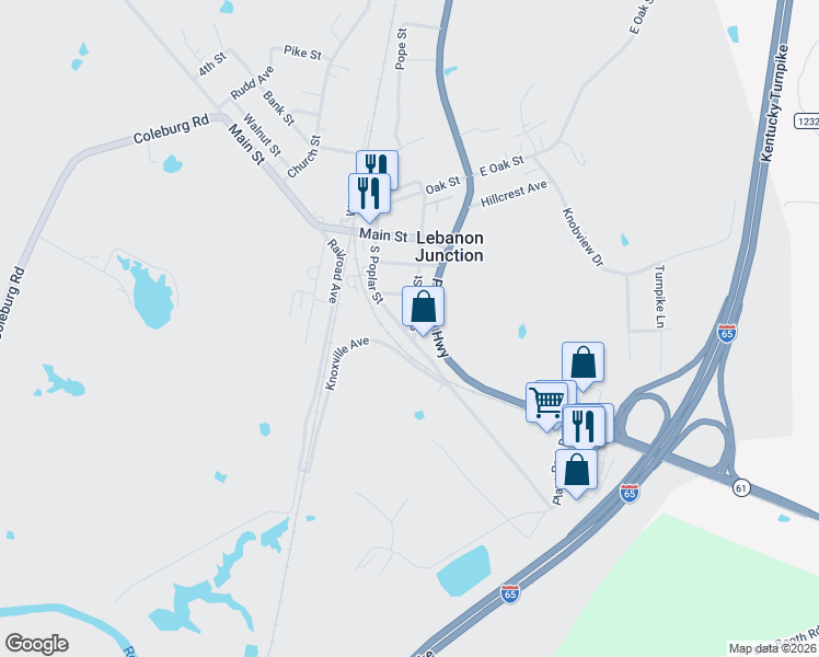 map of restaurants, bars, coffee shops, grocery stores, and more near 326 South Poplar Street in Lebanon Junction