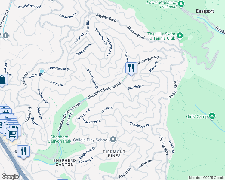 map of restaurants, bars, coffee shops, grocery stores, and more near 6377 Westover Drive in Oakland