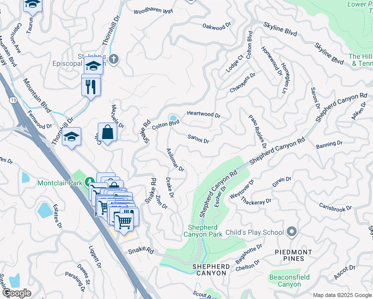 map of restaurants, bars, coffee shops, grocery stores, and more near 5754 Balboa Drive in Oakland