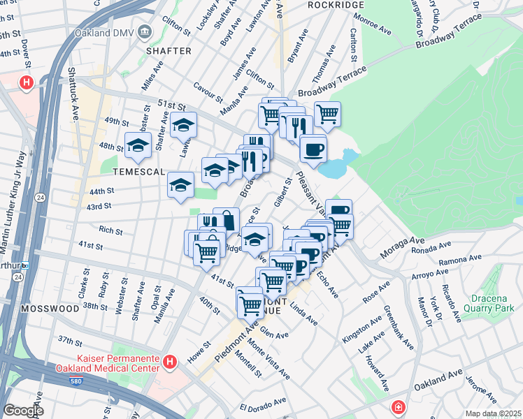 map of restaurants, bars, coffee shops, grocery stores, and more near 287 Mather Street in Oakland