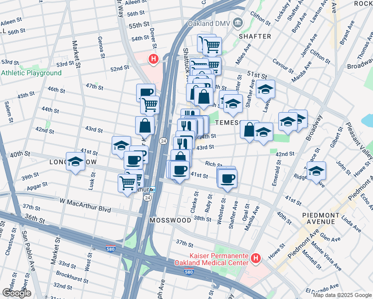 map of restaurants, bars, coffee shops, grocery stores, and more near in Oakland