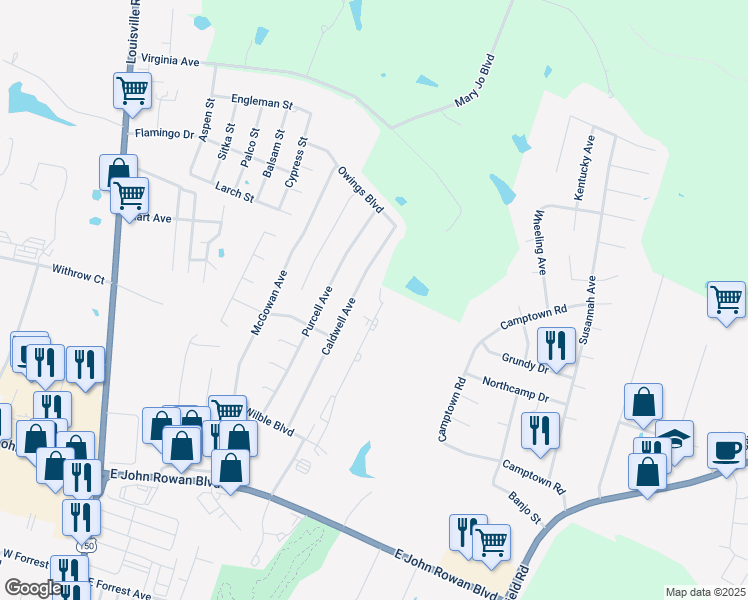 map of restaurants, bars, coffee shops, grocery stores, and more near 165 Caldwell Ave in Bardstown