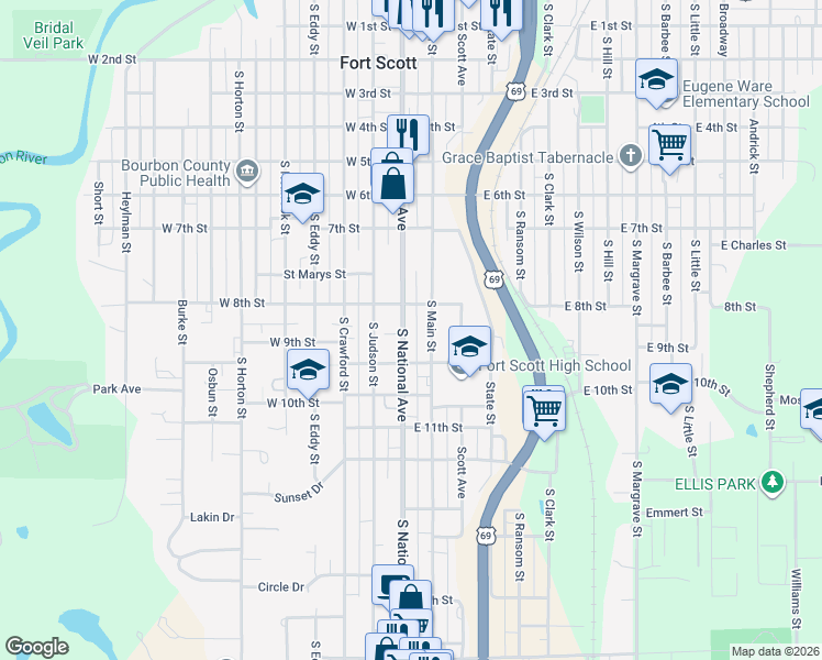 map of restaurants, bars, coffee shops, grocery stores, and more near 819 South National Avenue in Fort Scott